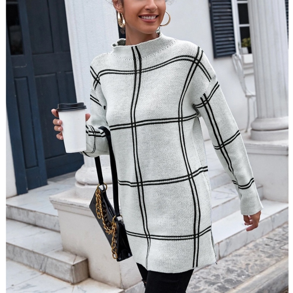 Grid Print Dirty White Long Sweater - NWT